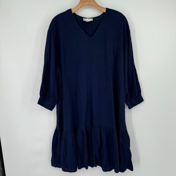 Nordstrom Rack Womens Navy Blue mini Dress tunic Size L large linen V Neck - Picture 2 of 9